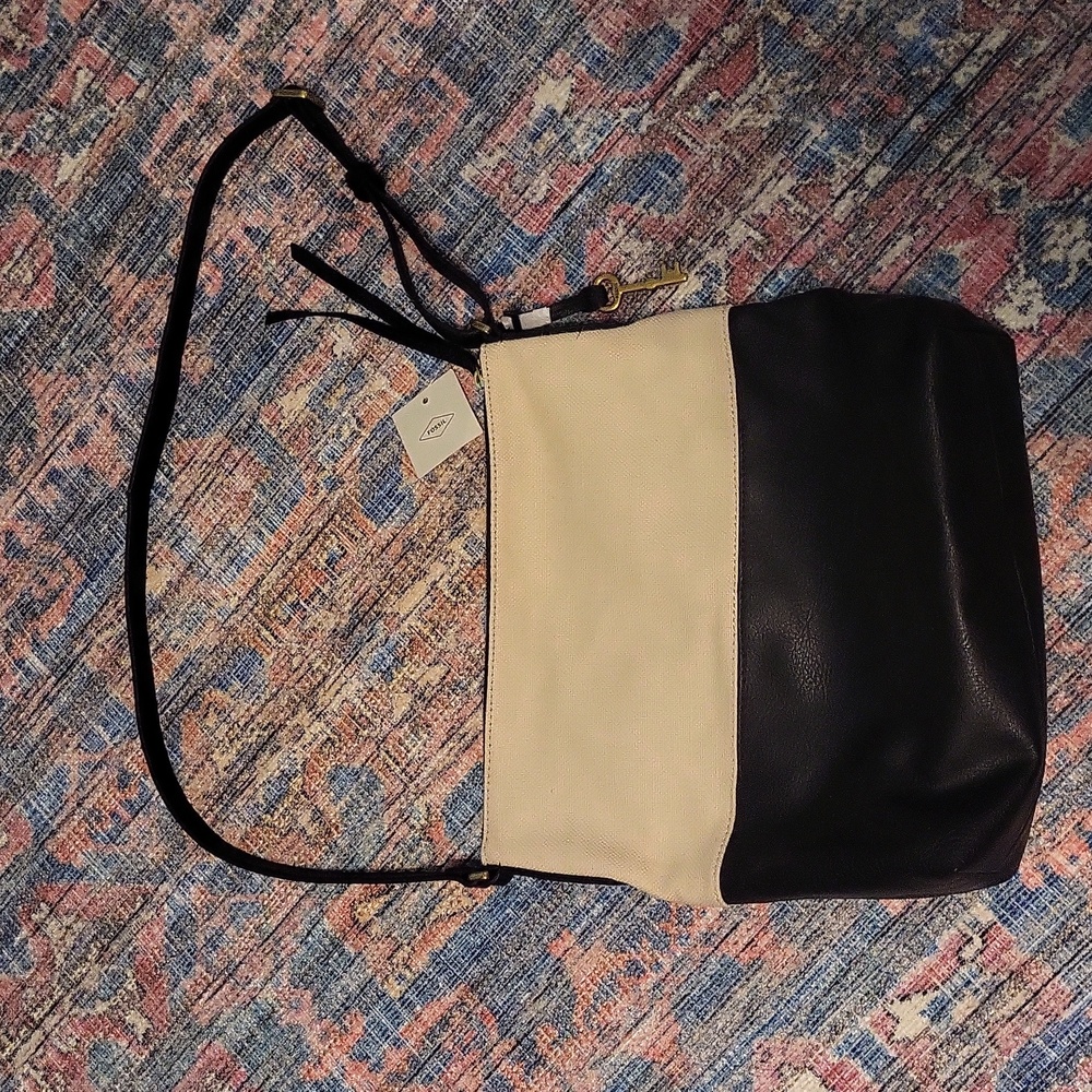 Fossil Purse- Crossbody- Black leather w/ tan canvas